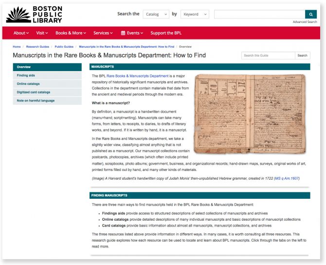 Bpl Manuscript Card Catalog Now Online Boston Public Library